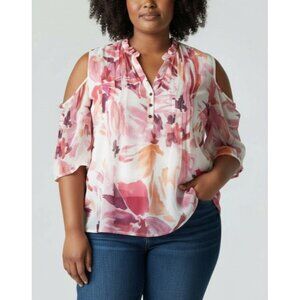 Ava & Grace Womens 3X Floral Cold Shoulder Blouse Button Front Lightweight Sheer